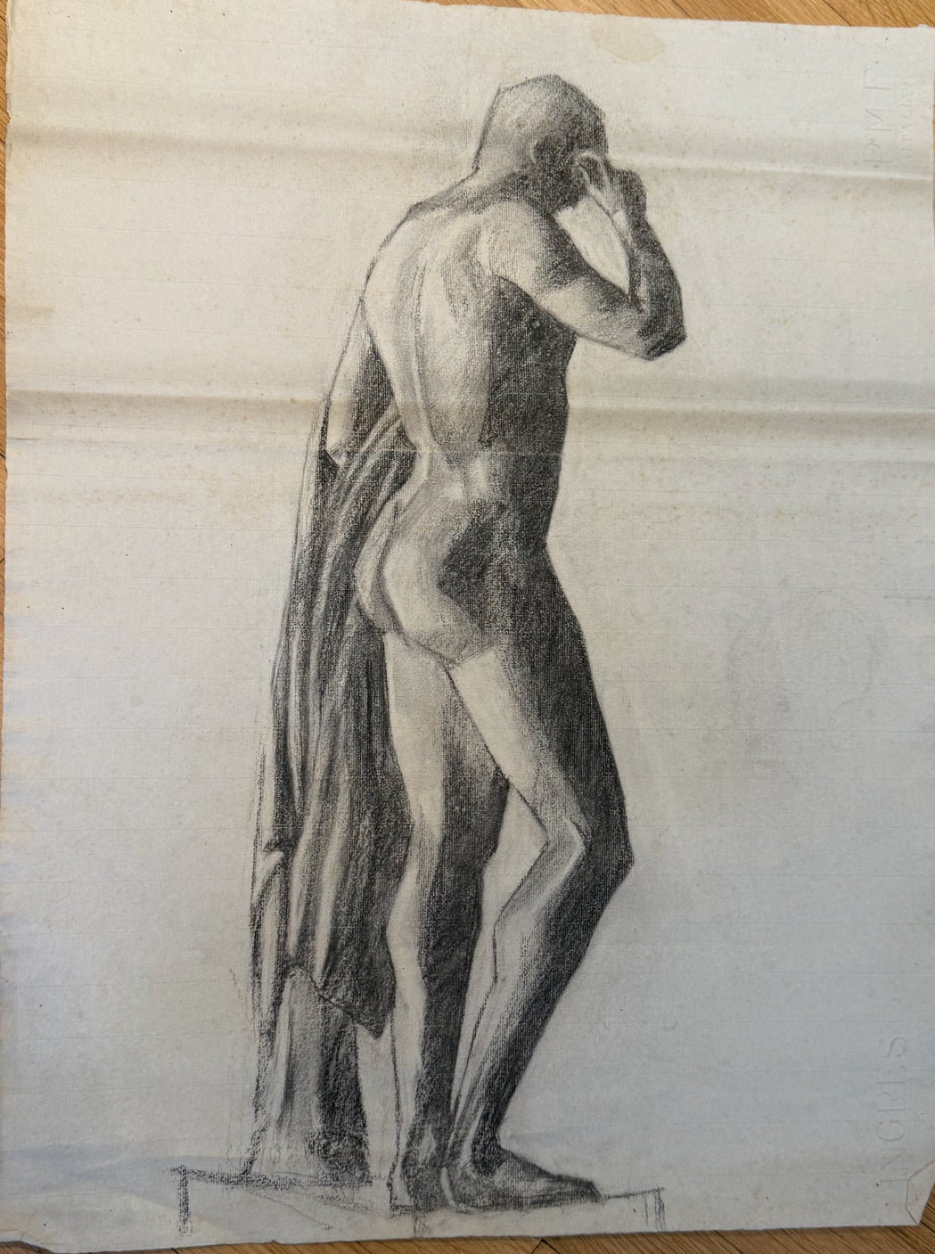 Male Nude Study, 1915, Graphite on Laid Paper, Triptych Panel 3/3