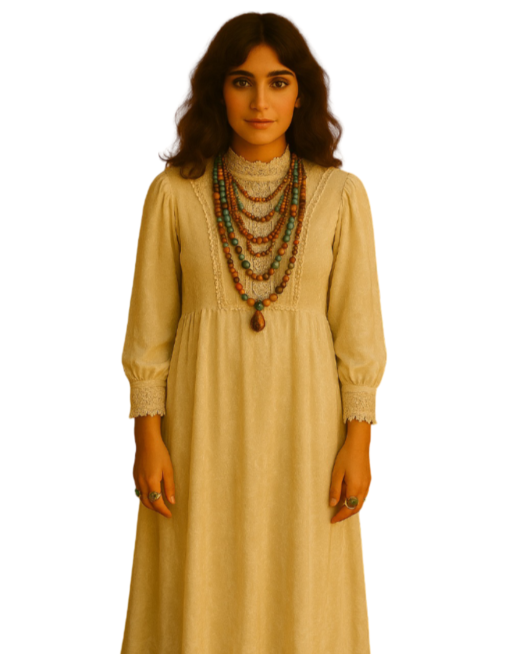 Woman wearing a beige dress with long sleeves and layered necklaces on a white background
