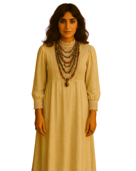Woman wearing a beige dress with long sleeves and layered necklaces on a white background