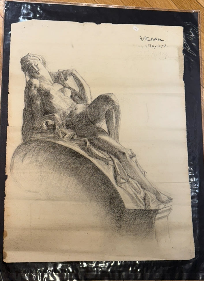Reclining Female Nude on Arch, May 14, 1914, Graphite on laid paper