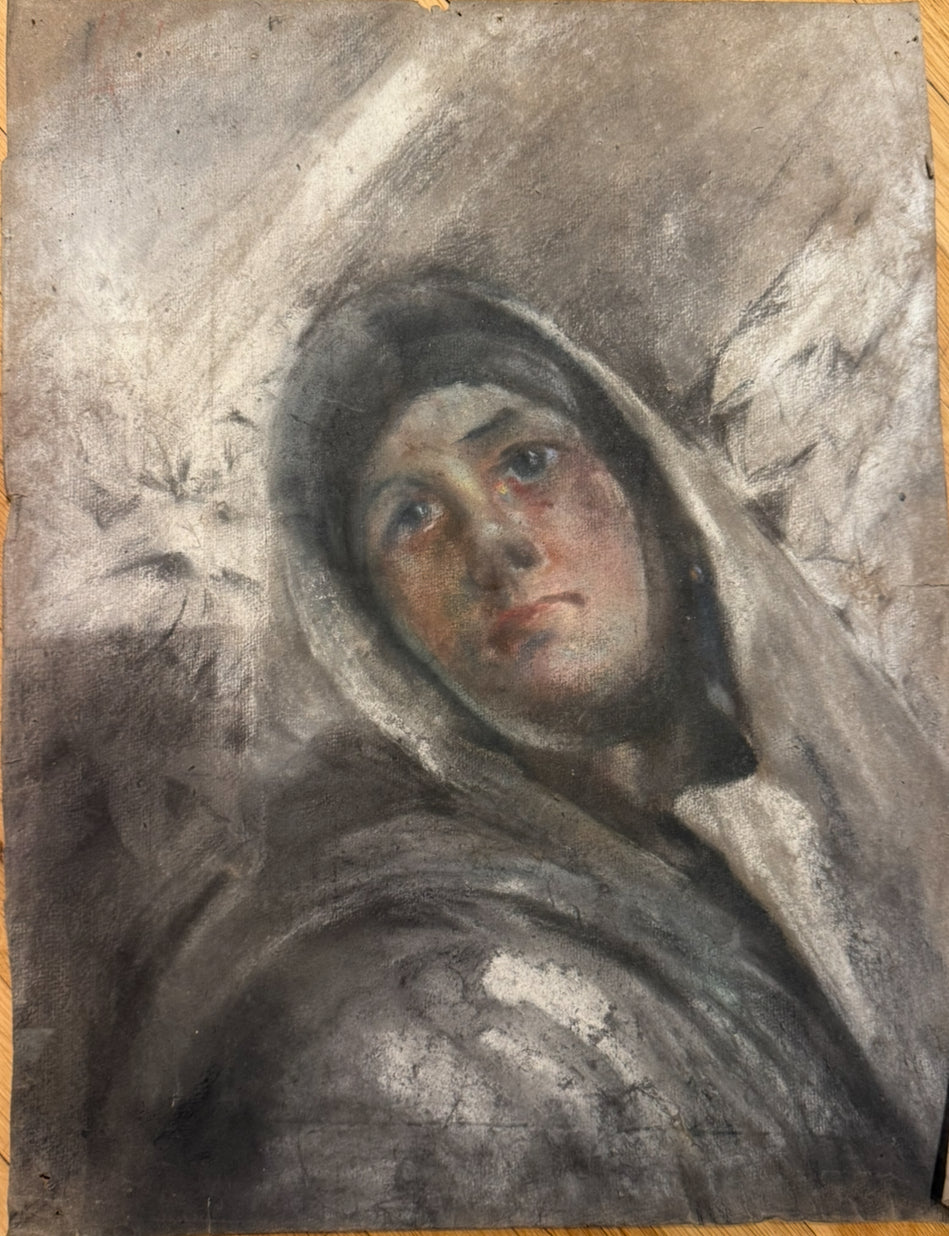 Portrait of a Veiled Woman, Circa 1910, Pastel and charcoal on textured paper
