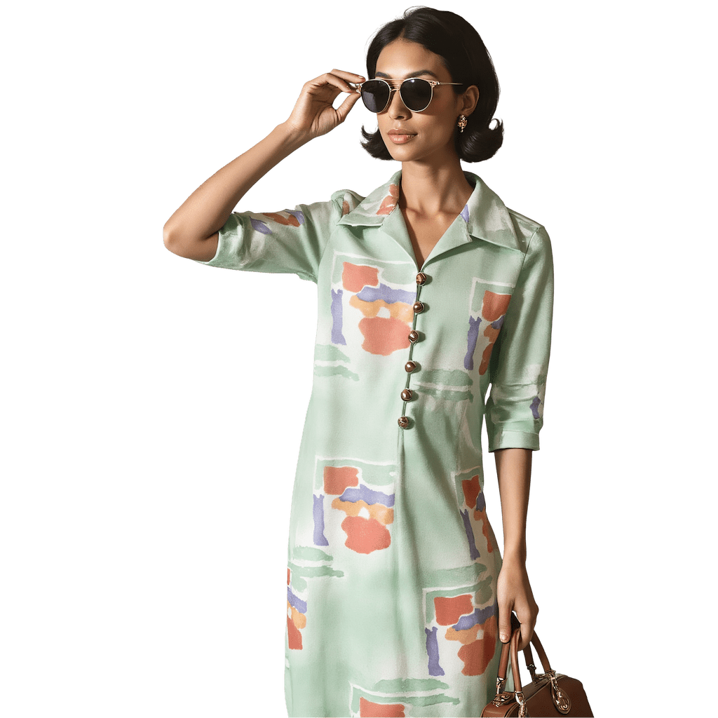 Green Abstract Button Dress