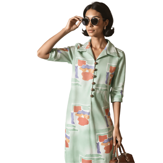 Green Abstract Button Dress